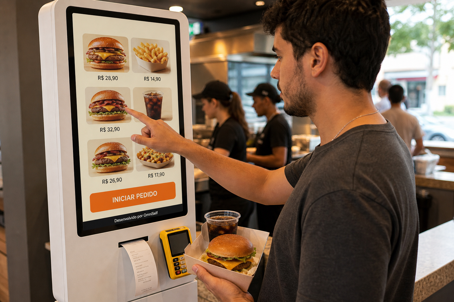 Cliente fazendo pedido no totem OmniSelf em lanchonete com bandeja na mão