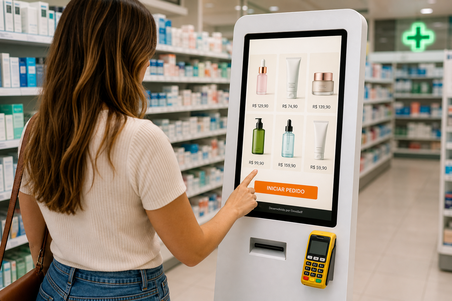 Cliente usando totem OmniSelf em farmácia moderna entre corredores de produtos
