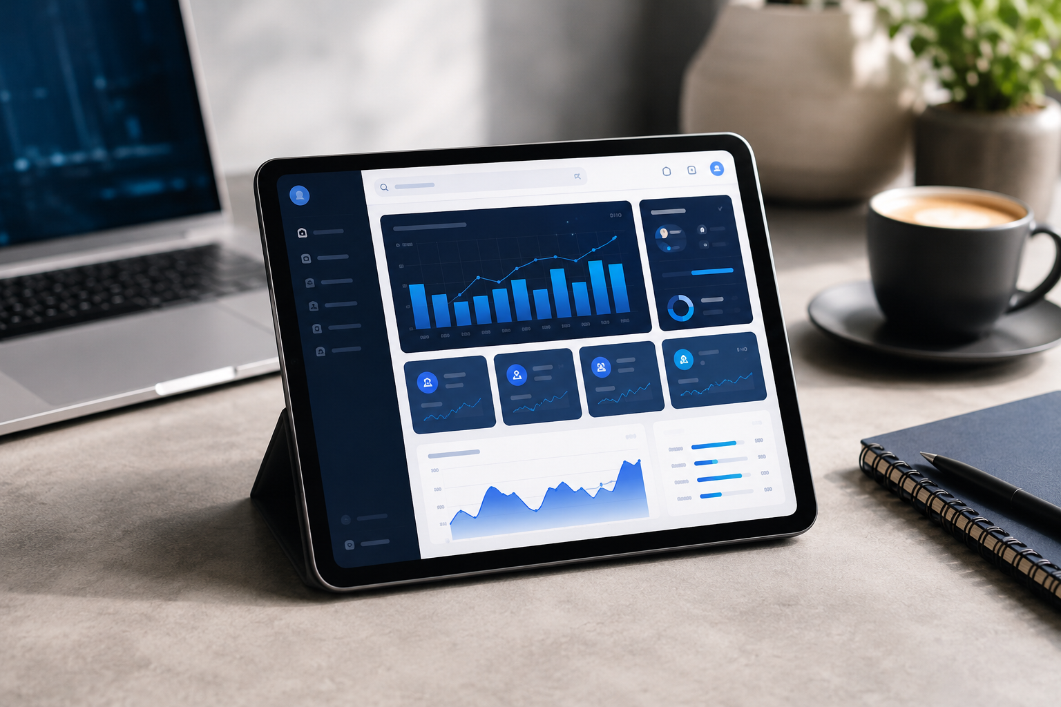 Painel de gestão OmniSelf em tablet mostrando dashboard de vendas