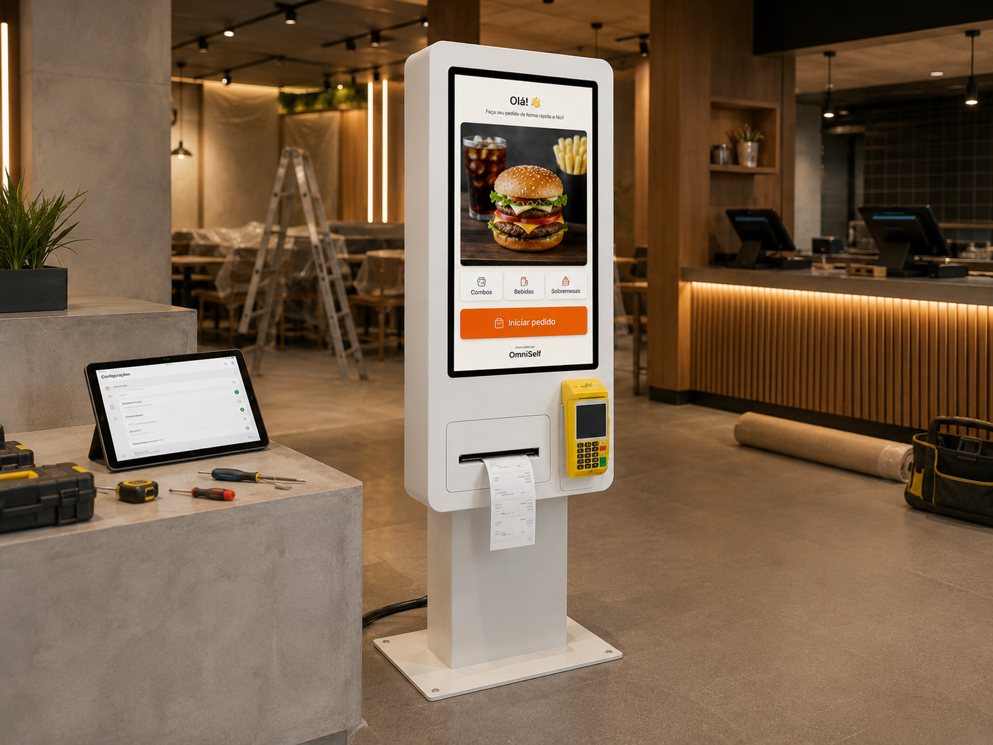Totem OmniSelf sendo instalado em estabelecimento comercial