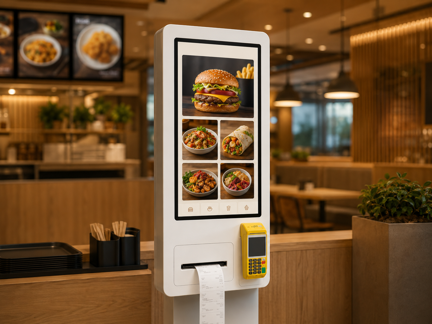 Totem de autoatendimento OmniSelf em restaurante fast-casual